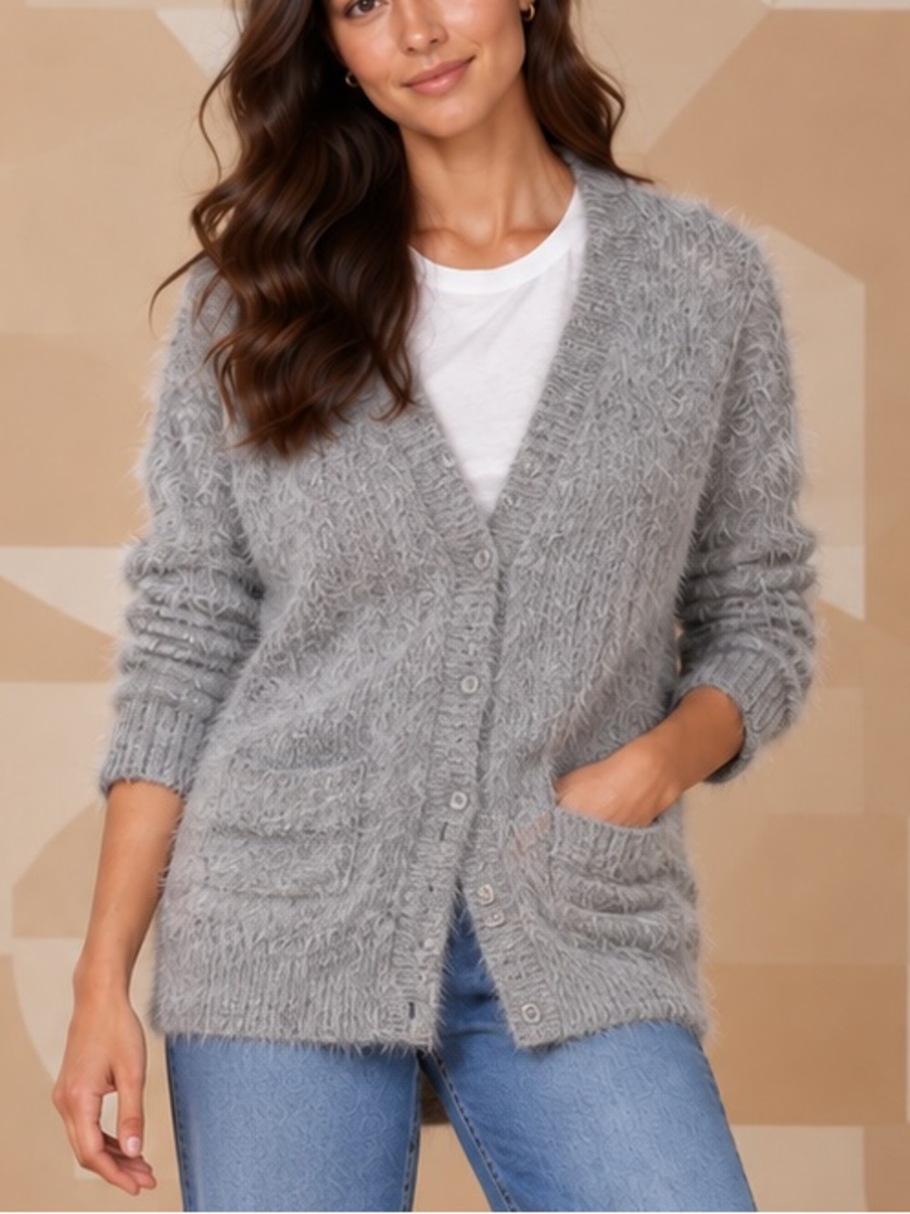 💌MAKE OFFER💌 The Letter Gray Fuzzy Cotton Linen Long Cardigan Sweater Sz MED